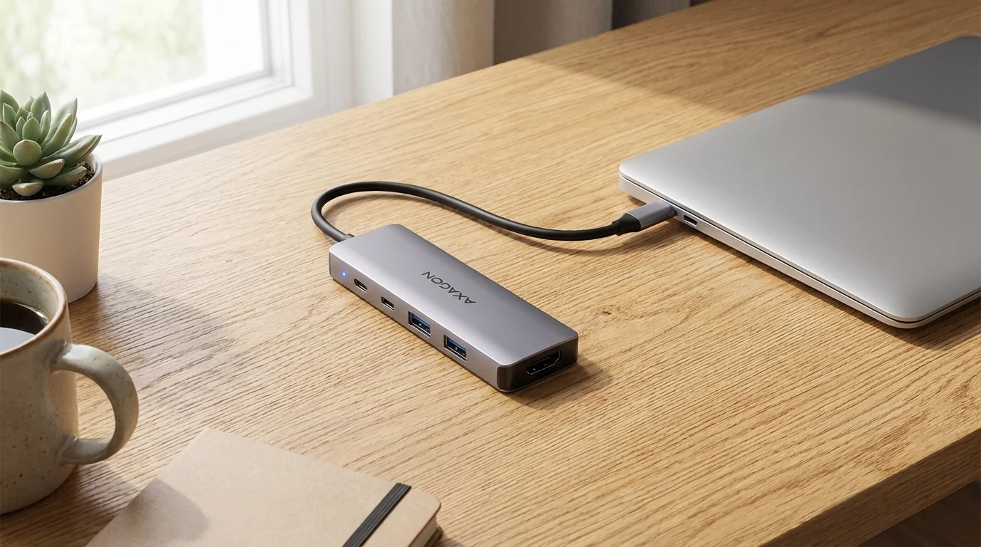 Sivý USB-C hub AXAGON HMC-5H60 pripojený káblom k notebooku na drevenom stole.
