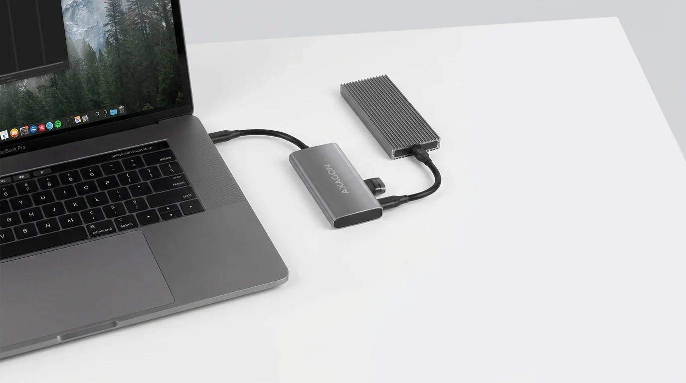 Sivý USB hub AXAGON zapojený do notebooku s pripojeným externým diskom a USB flash diskom.