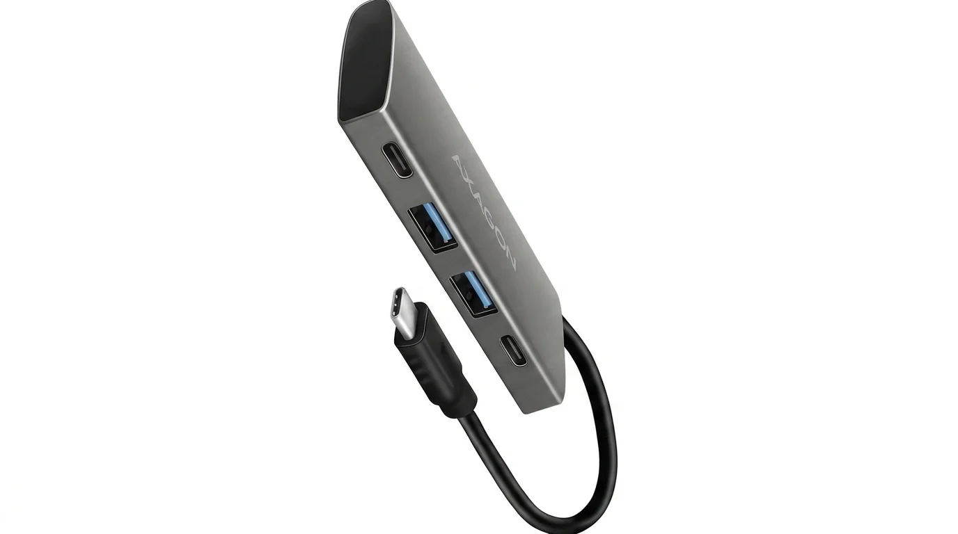Sivý hliníkový USB hub AXAGON s pripojeným USB-C káblom, dvoma portami USB-A a dvoma USB-C.