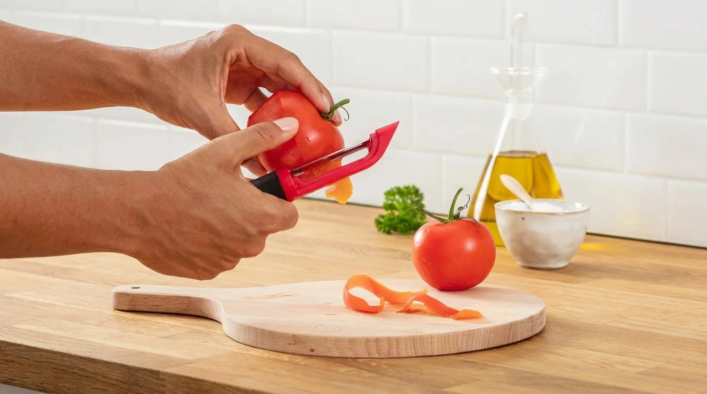 Loupání rajčete pomocí červeno-černé škrabky Tefal Ingenio nad dřevěným prkénkem.