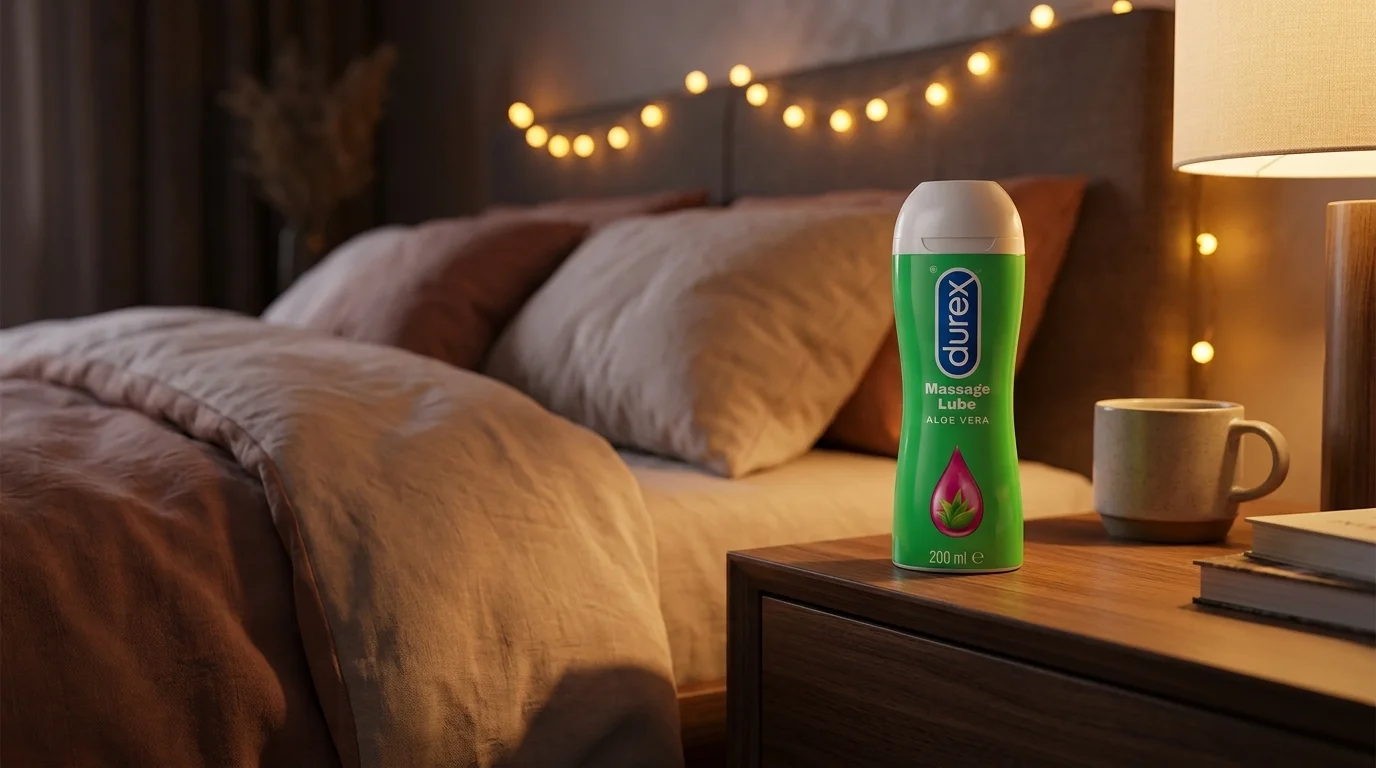 Zelená lahvička Durex Massage Lube Aloe Vera na dřevěném nočním stolku v útulně osvětlené ložnici s postelí v pozadí.
