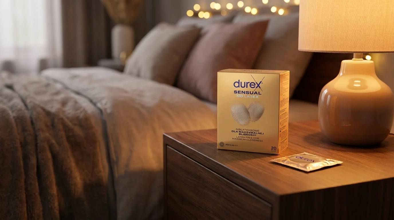 Krabička kondomů Durex Sensual No Latex a jeden zabalený kondom na dřevěném nočním stolku v ložnici.