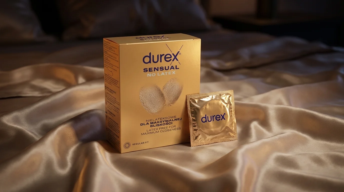 Krabička kondomů Durex Sensual No Latex a jeden zabalený kondom ležící na lesklém saténovém povlečení.