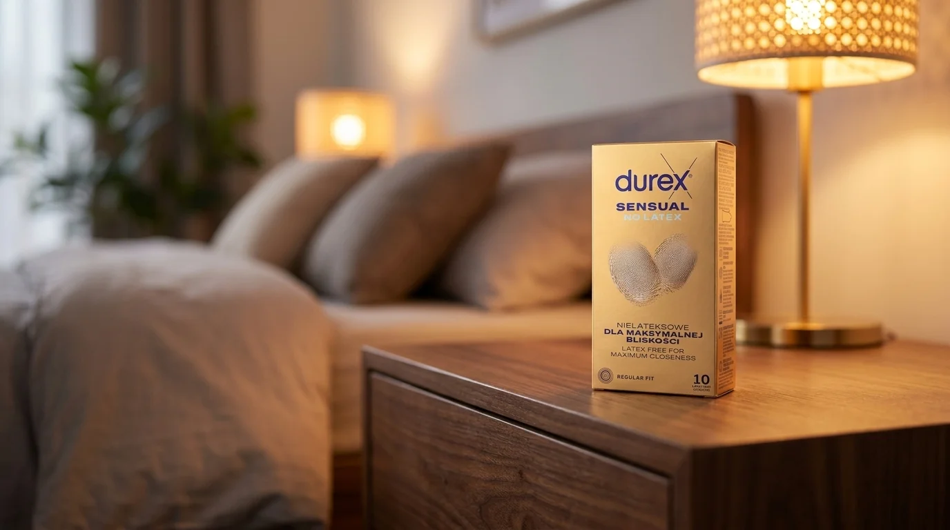 Krabička kondomů Durex Sensual No Latex stojí na dřevěném nočním stolku v ložnici vedle rozsvícené lampy.