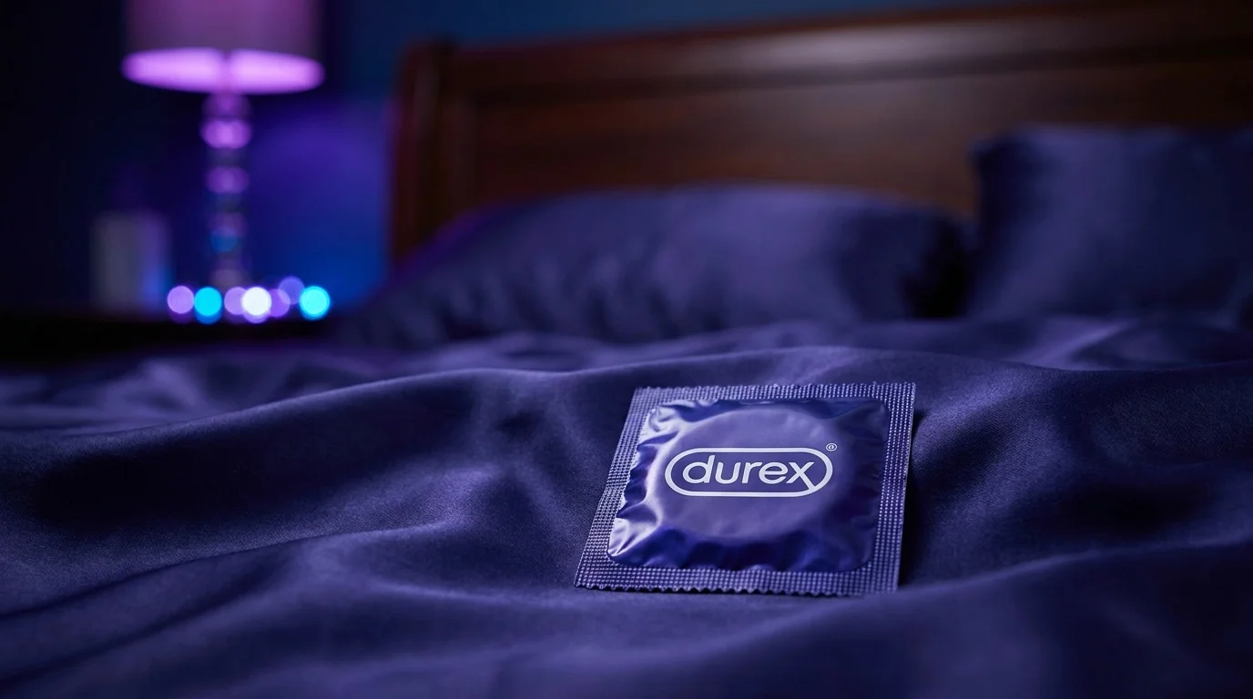 Kondom Durex v modrém obalu leží na tmavě modrém saténovém povlečení na posteli s rozostřeným pozadím ložnice.