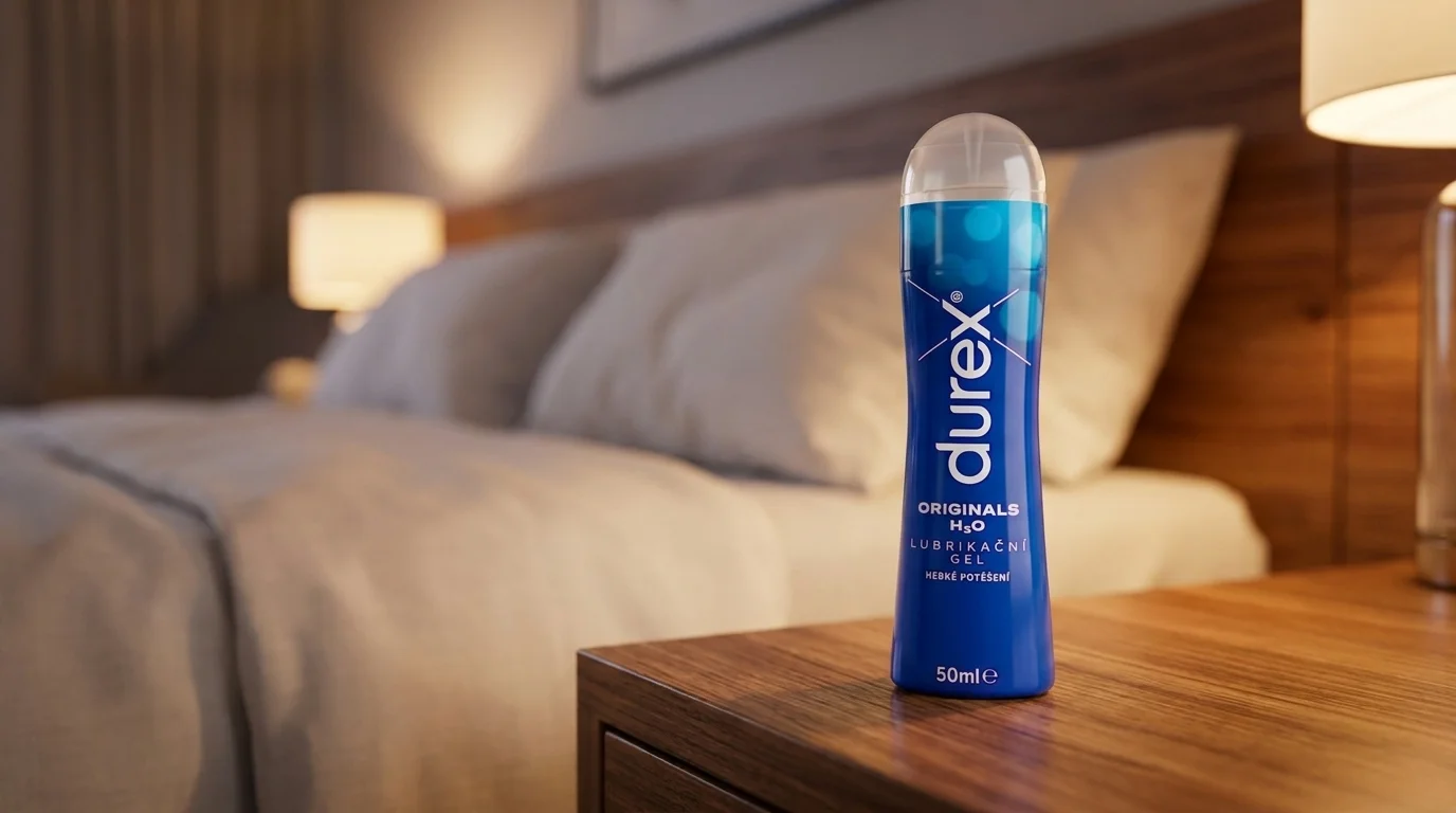 Modrá lahvička lubrikačního gelu Durex Originals H2O o objemu 50 ml stojí na dřevěném nočním stolku v ložnici.