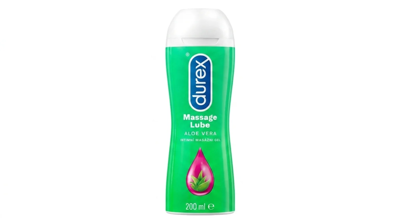 Zelená lahvička intimního masážního gelu Durex 2v1 s Aloe Vera o objemu 200 ml na bílém pozadí.