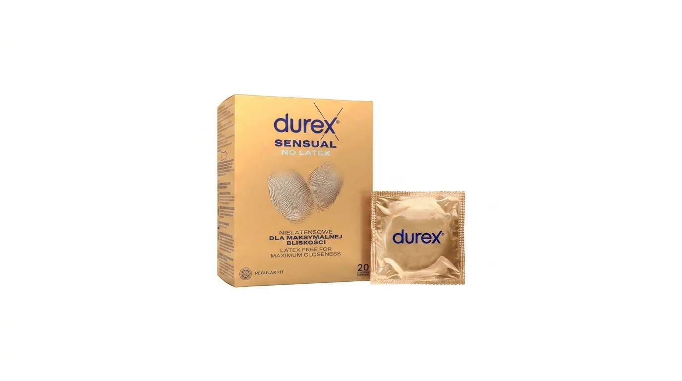 Zlatá krabička kondomů Durex Sensual No Latex a jeden zabalený kondom na bílém pozadí.