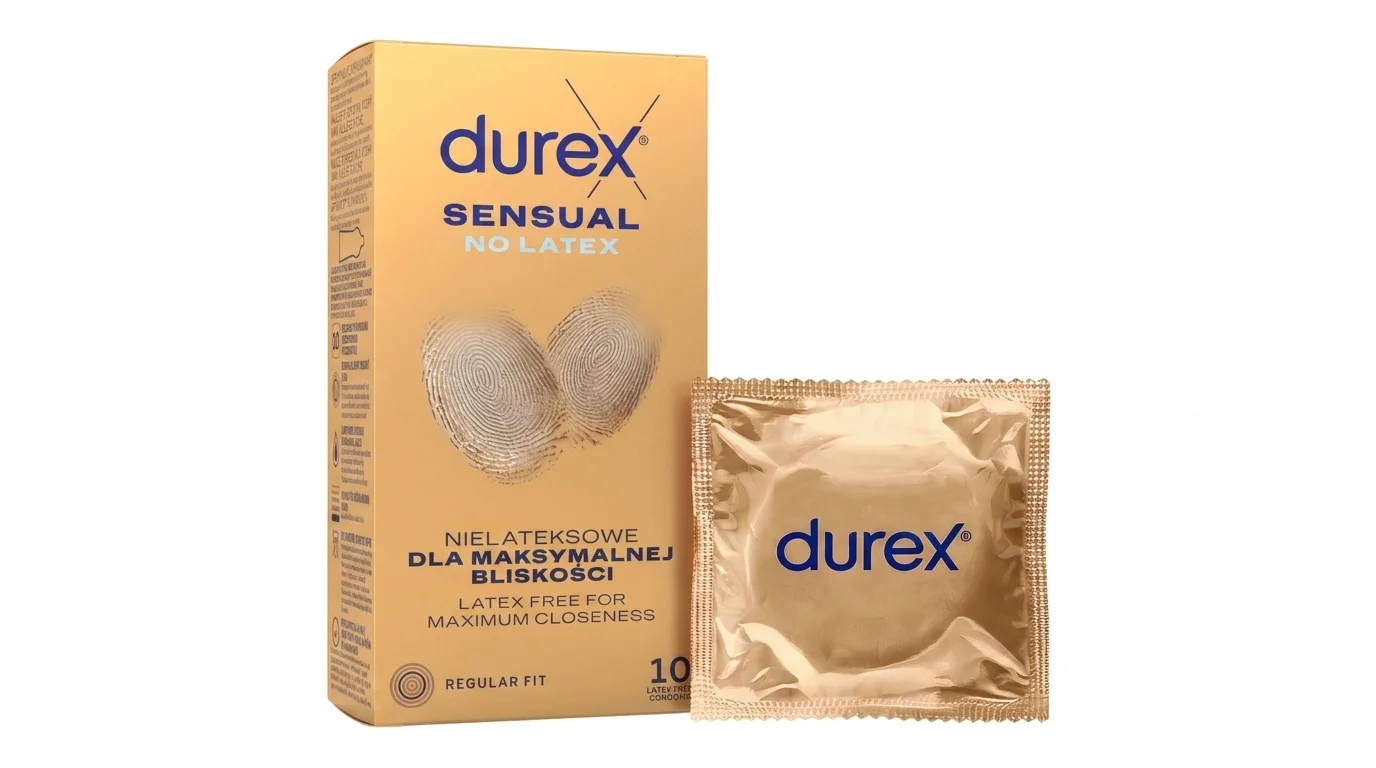 Krabička kondomů Durex Sensual No Latex a jeden samostatně zabalený kondom ve zlaté fólii.
