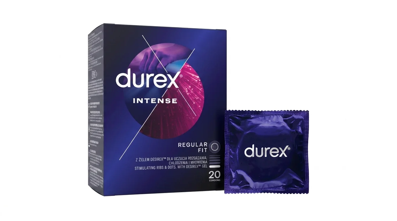 Krabička kondomů Durex Intense a jeden samostatně zabalený kondom ve fialovém obalu.