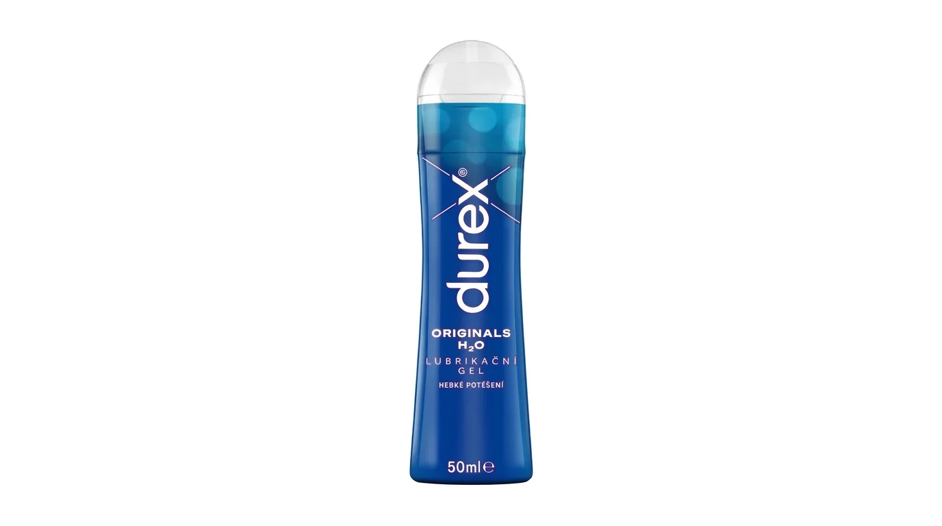 Modrá lahvička lubrikačního gelu Durex Originals H2O o objemu 50 ml s průhledným uzávěrem na bílém pozadí.