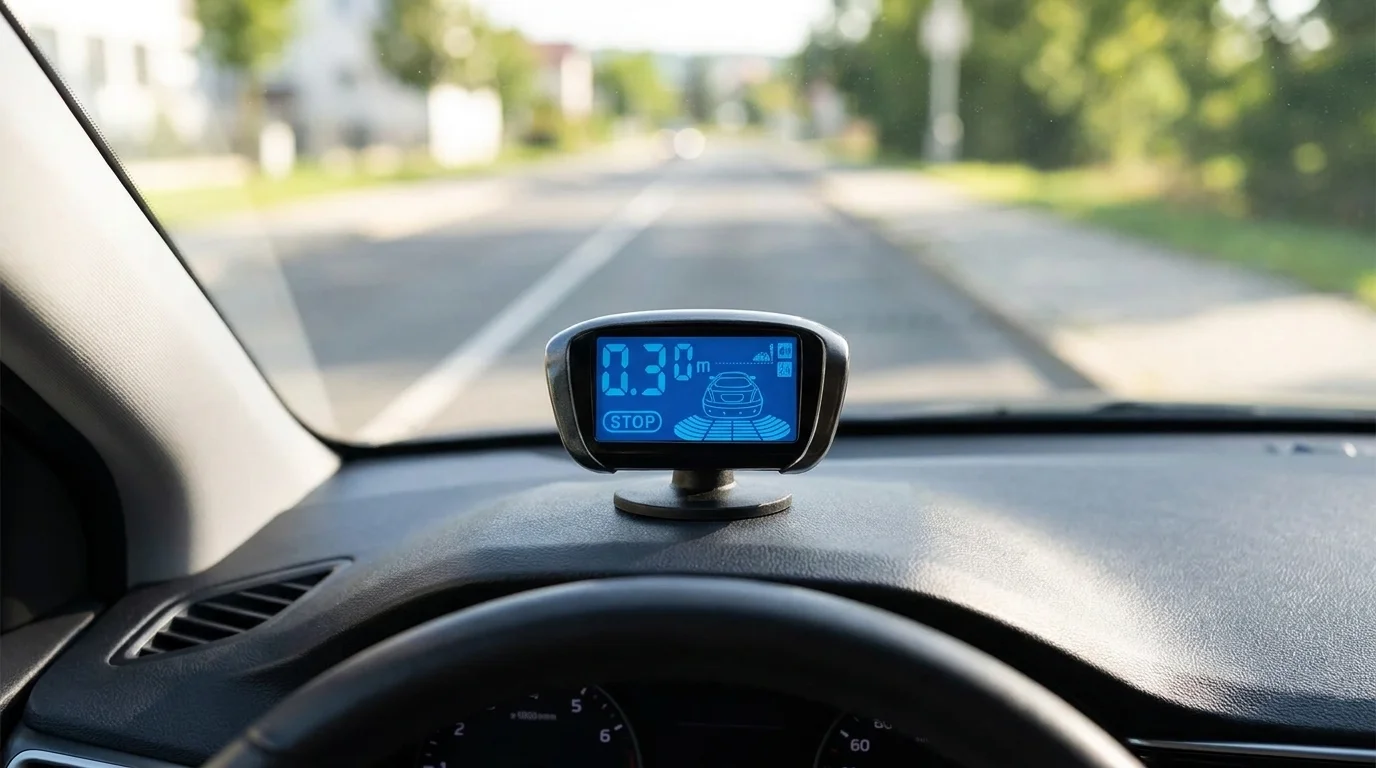 Modře podsvícený LCD displej parkovacího systému Sencor SCA PARK200 umístěný na palubní desce auta.
