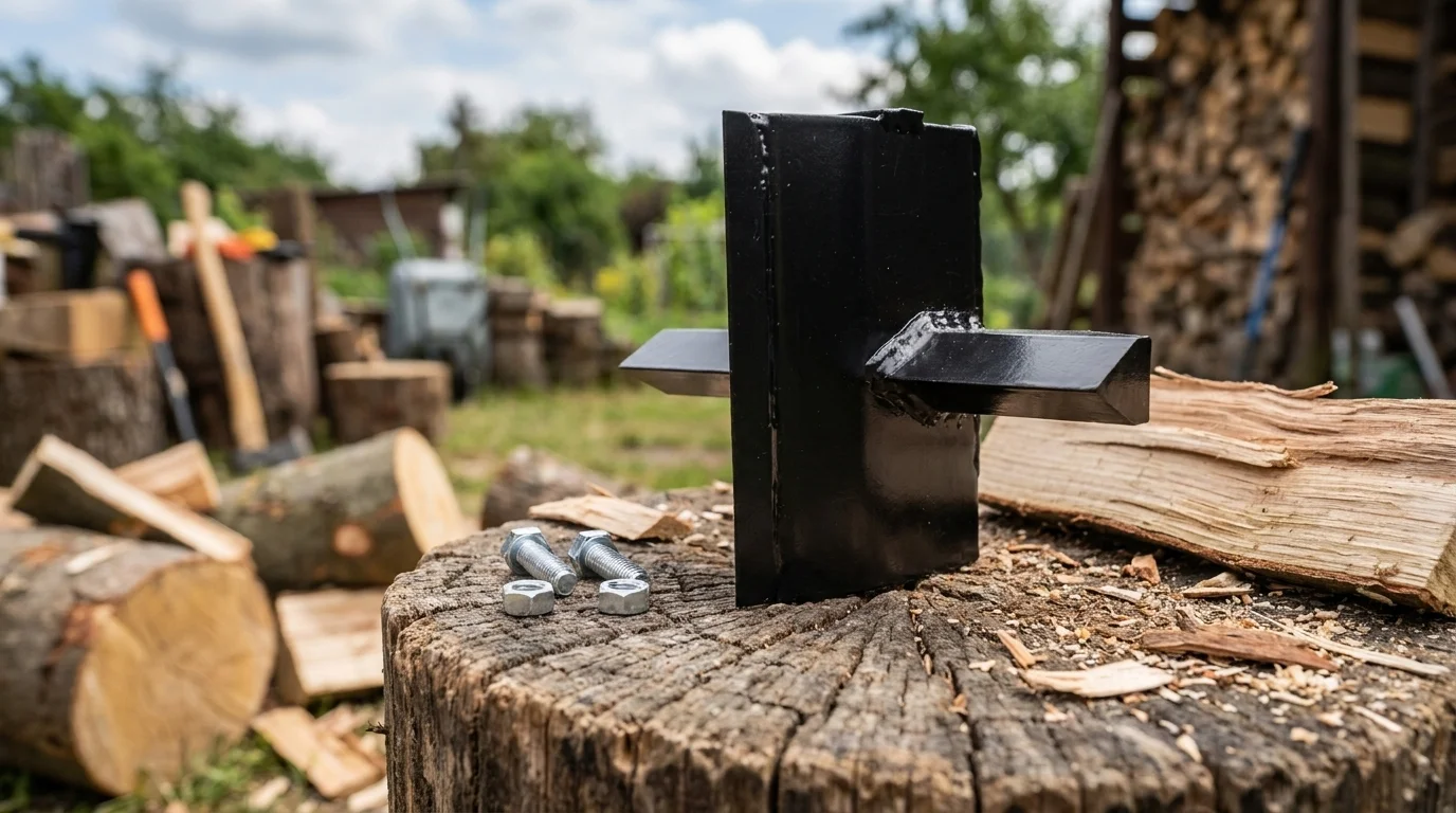 Čierny štiepací klin Fieldmann FZLS 9008 so skrutkami položený na drevenom pni.