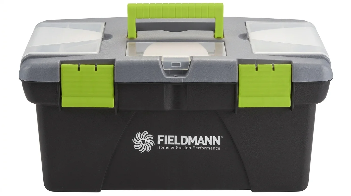 Plastový box na nářadí Fieldmann FDN 4118 s černým tělem, šedým víkem, zelenými zámky a madlem a průhlednými organizéry na víku.