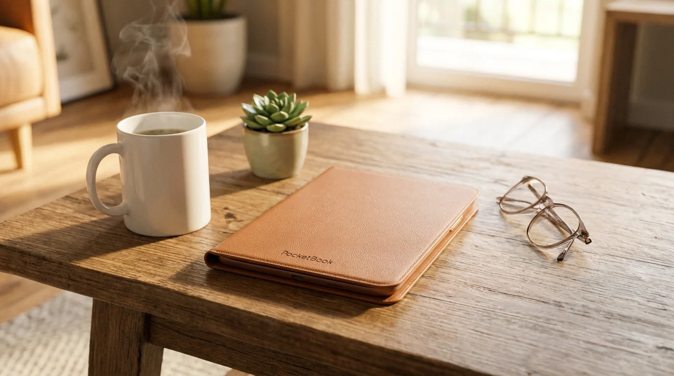 Světle hnědé pouzdro PocketBook Shell Cover leží na dřevěném stole vedle kouřícího hrnku a brýlí.