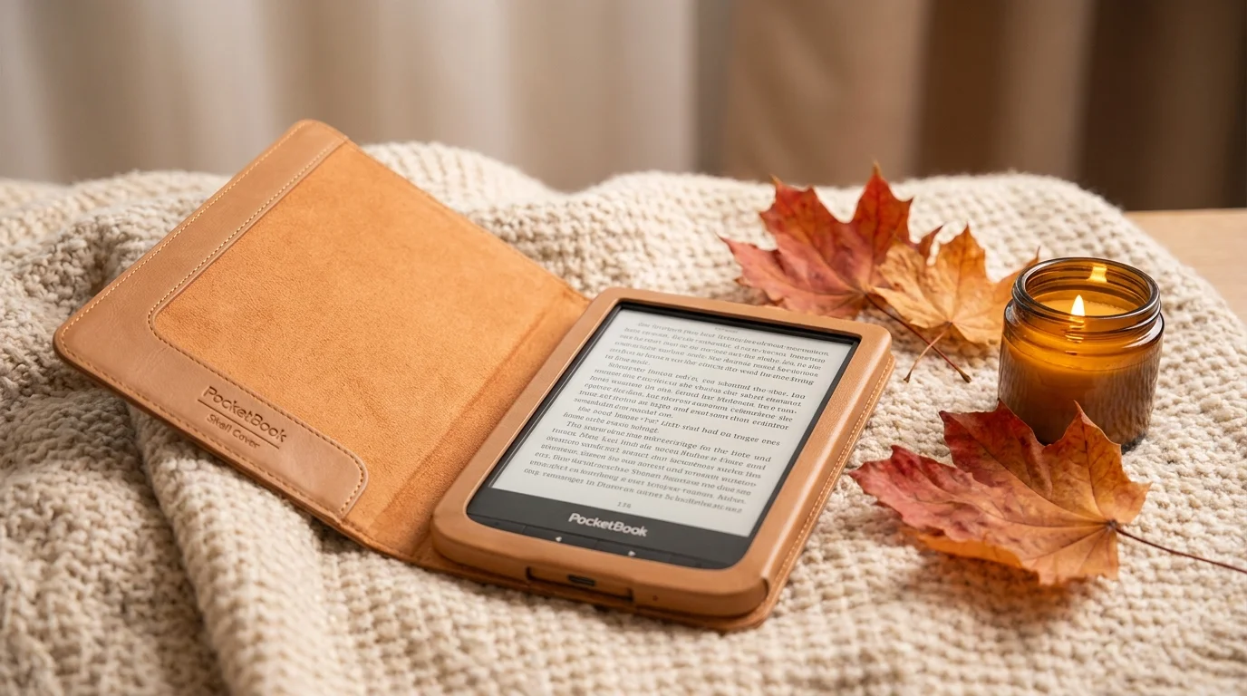 Otevřené světle hnědé pouzdro PocketBook Shell Cover s čtečkou na pletené dece vedle podzimního listí a zapálené svíčky.