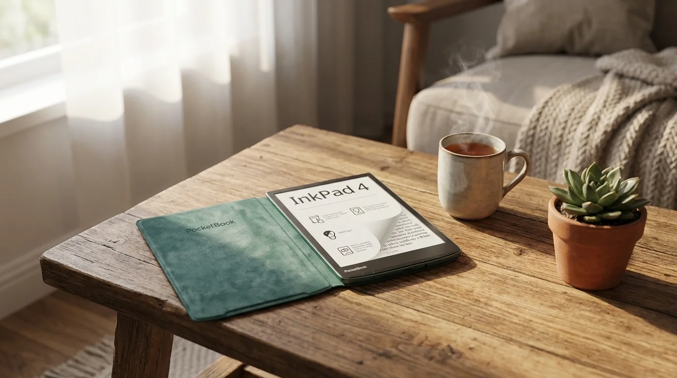 Otevřené zelené pouzdro PocketBook Flip s elektronickou čtečkou InkPad 4 leží na dřevěném stole vedle kouřícího hrnku a sukulentu.