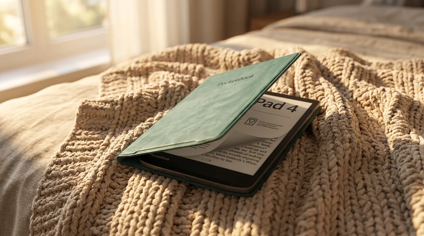 Zelené pouzdro PocketBook Flip 743 na čtečce knih InkPad 4 položené na pletené dece.