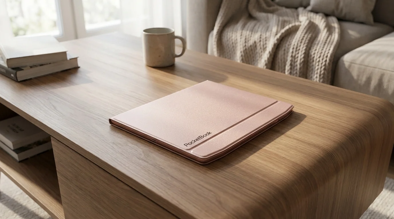 Elegantní béžové pouzdro PocketBook Flip Era položené na dřevěném stolku.