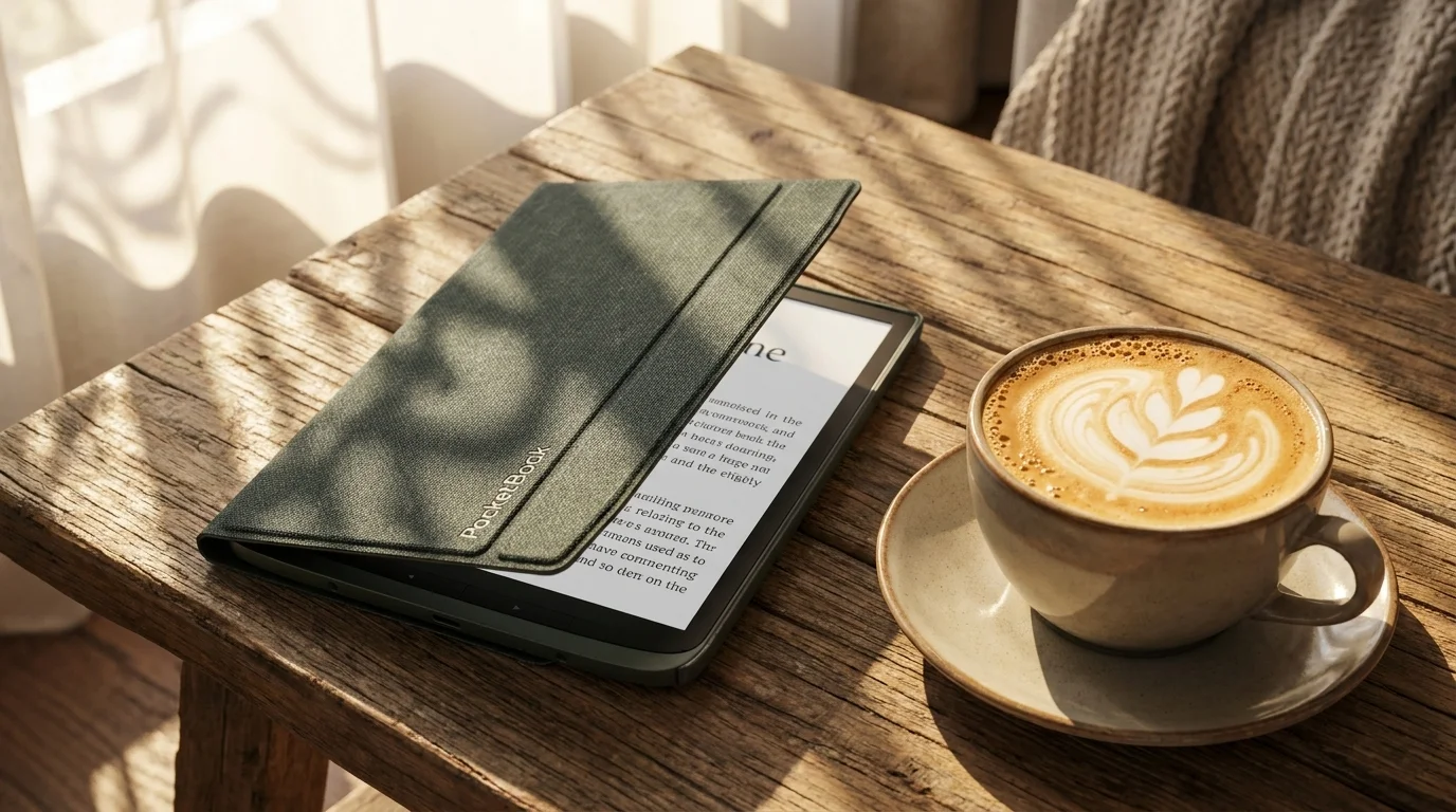 Čtečka e-knih PocketBook v zeleno-šedém pouzdře Flip Cover leží pootevřená na dřevěném stole vedle šálku kávy.