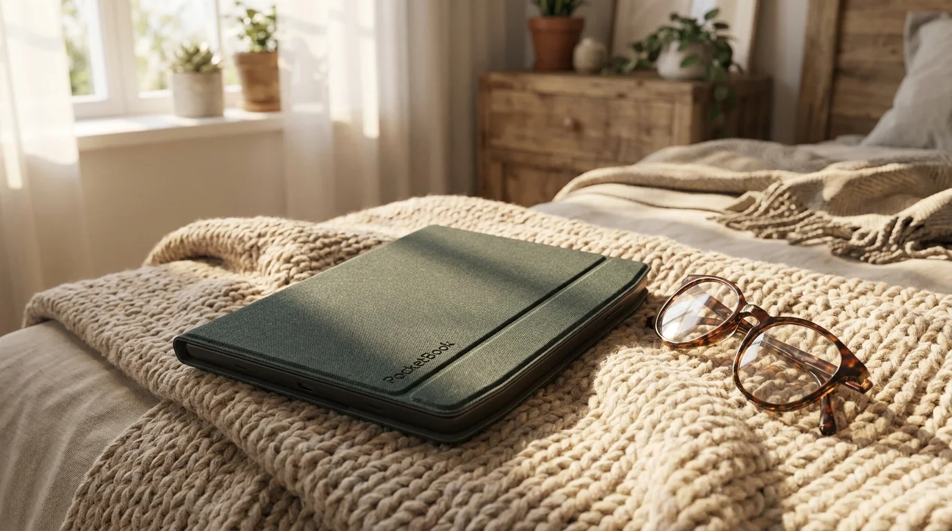 Zeleno-šedé pouzdro PocketBook Flip Cover pro čtečku e-knih ležící na pletené dece vedle brýlí.