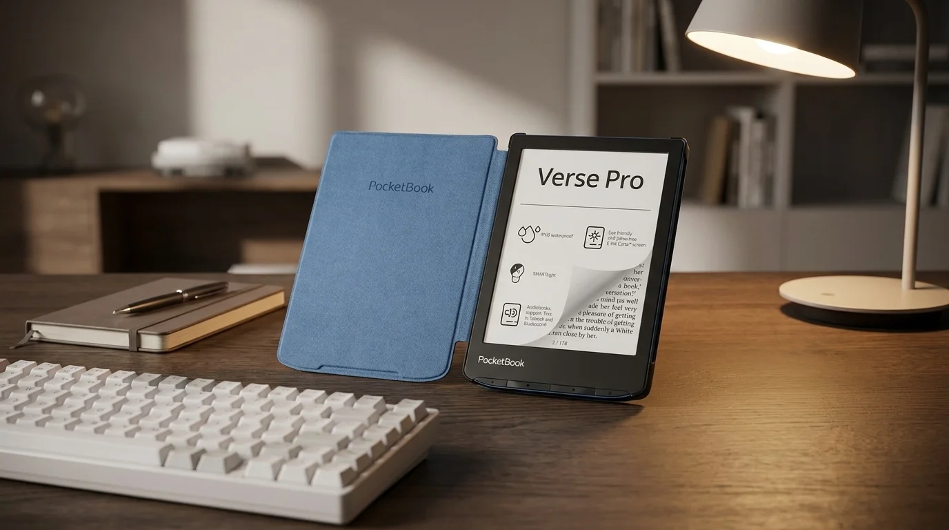 Modré pouzdro PocketBook Shell s otevřenou čtečkou Verse Pro na dřevěném stole vedle klávesnice a lampy.