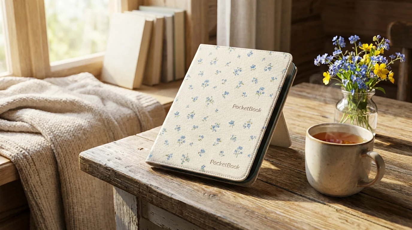 Pouzdro PocketBook Shell cover s bílo-modrým květinovým motivem stojí na dřevěném stole vedle hrnku s čajem.