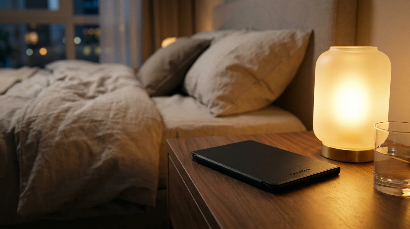 Černé pouzdro PocketBook Shell cover leží na dřevěném nočním stolku vedle rozsvícené lampy v ložnici.