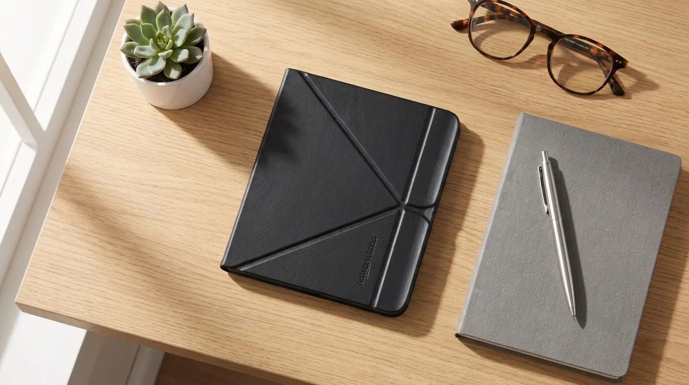 Čierne puzdro Kobo Libra SleepCover s geometrickým vzorom leží na drevenom stole vedľa sivého zápisníka s perom, okuliarov a sukulentu.