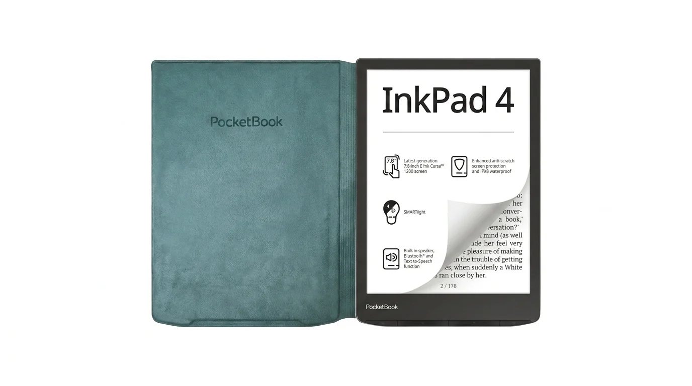 Otevřené zelené pouzdro PocketBook Flip 743 s vloženou čtečkou InkPad 4 na bílém pozadí.