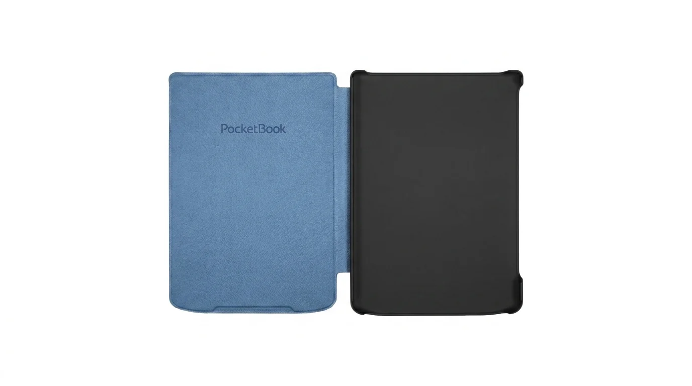 Otevřené pouzdro PocketBook Shell s modrou vnitřní podšívkou s nápisem PocketBook a černou plastovou skořepinou.