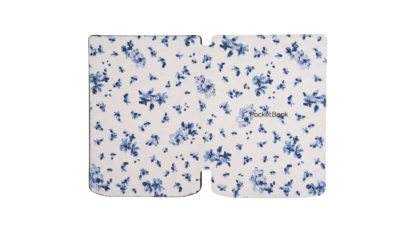 Otevřené pouzdro pro čtečky PocketBook s bílo-modrým květinovým vzorem a nápisem PocketBook.
