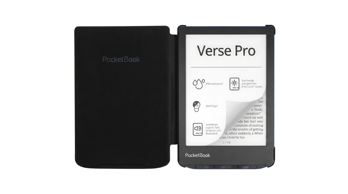 Otevřené černé pouzdro PocketBook Shell cover s vloženou čtečkou e-knih PocketBook Verse Pro.