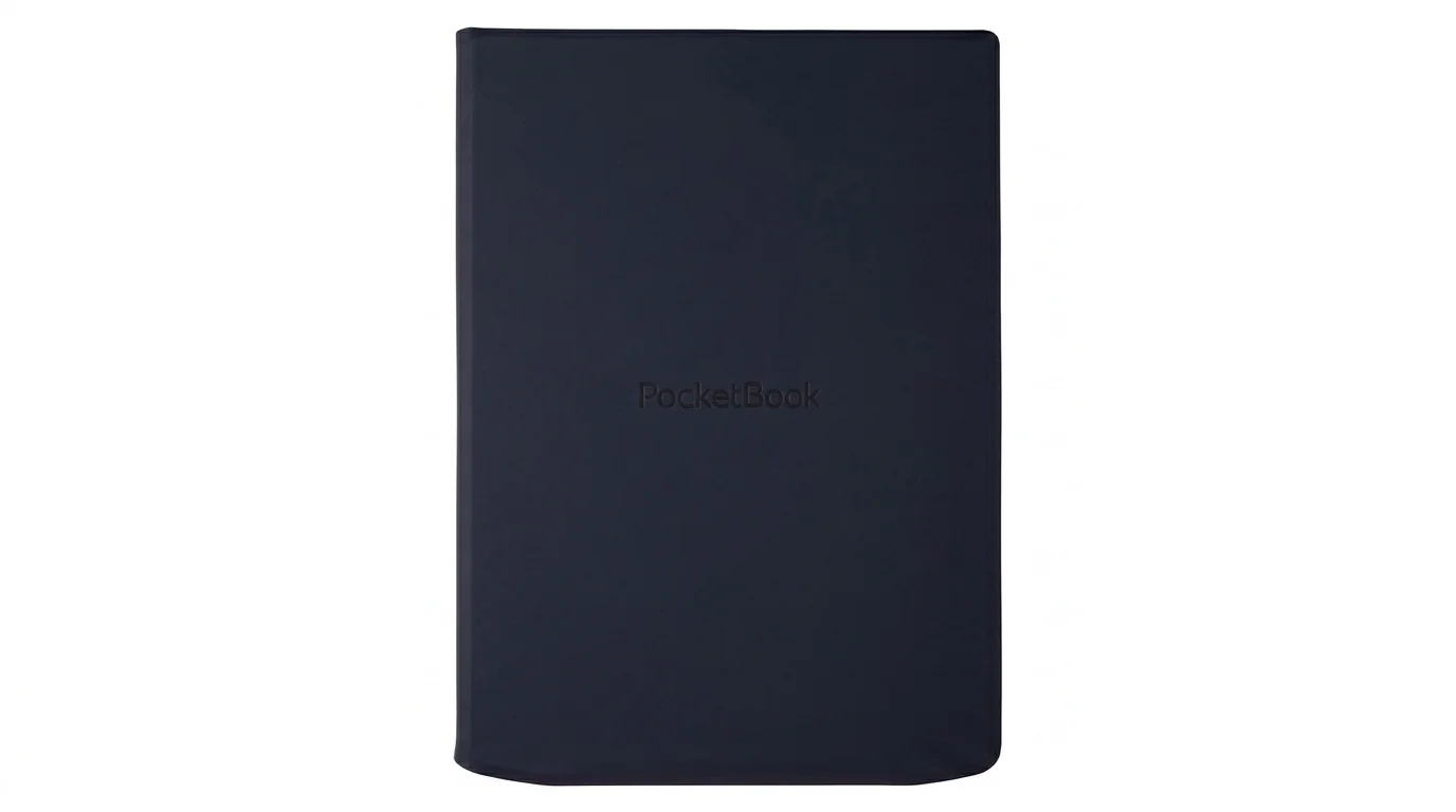 Zavřené pouzdro PocketBook Charge v noční modré barvě s vyraženým nápisem PocketBook uprostřed.