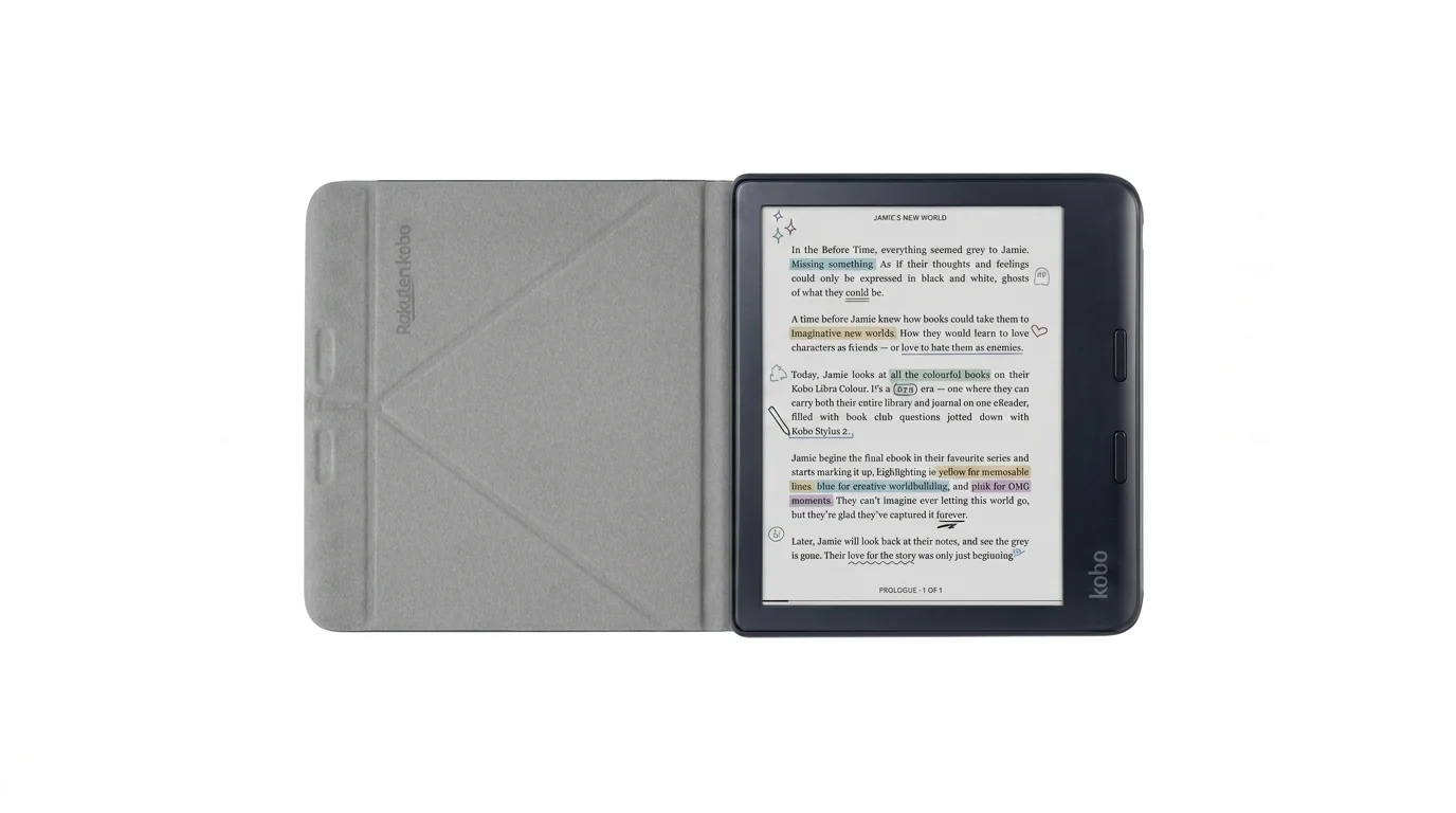Čierna čítačka kníh Kobo v otvorenom sivom puzdre SleepCover s textom a farebným zvýraznením na displeji.