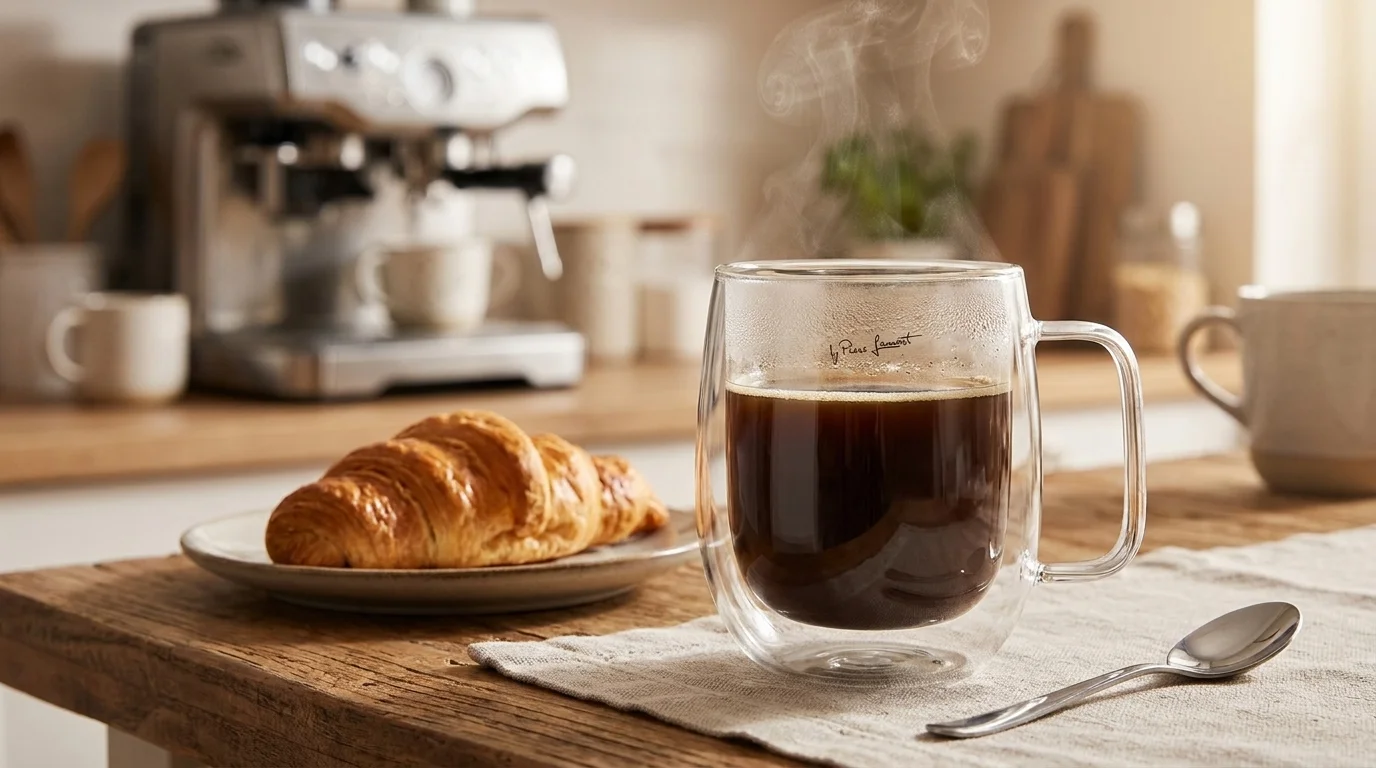 Dvoustěnná termo sklenička Lamart s kouřící černou kávou na stole vedle talířku s croissantem.