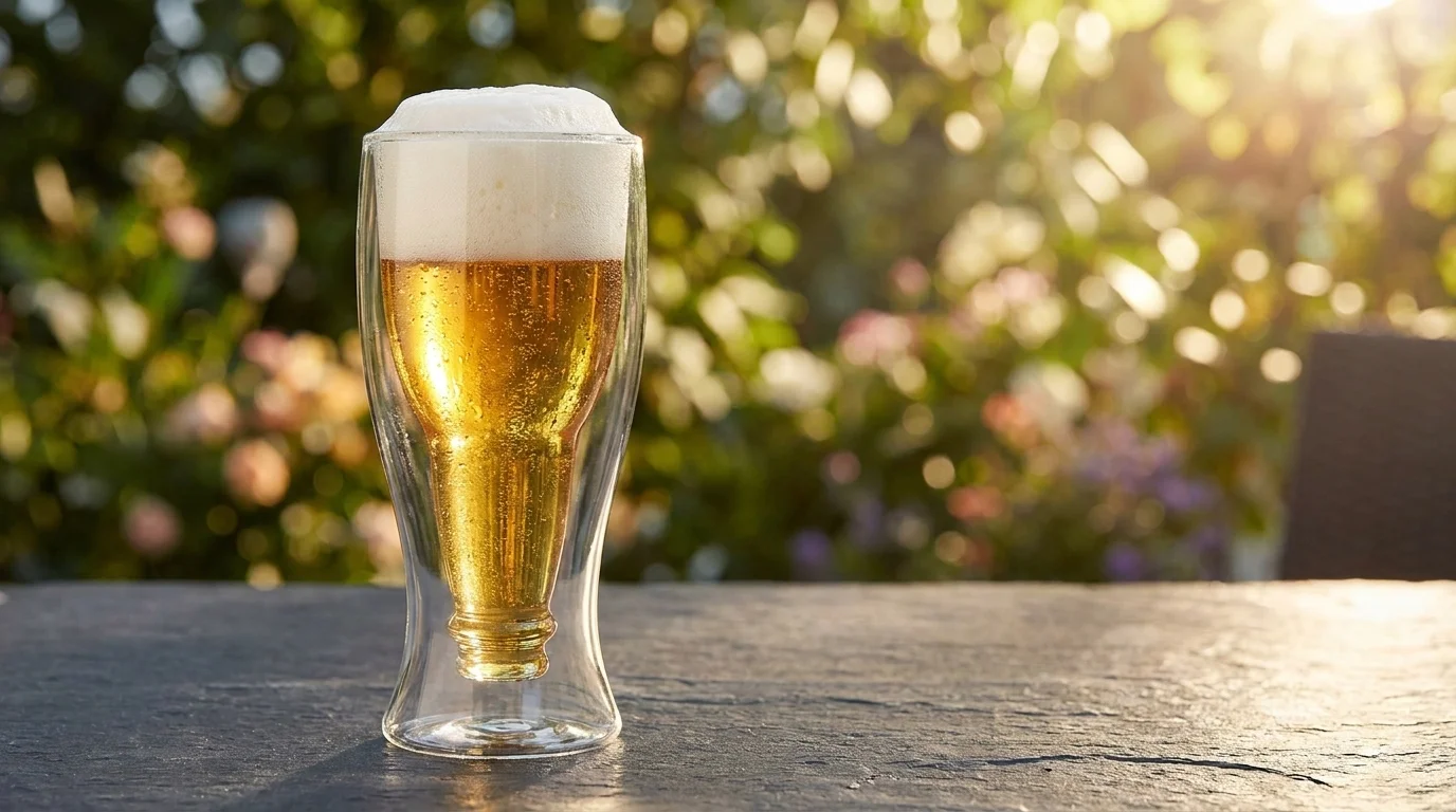Dvojstěnná termo sklenice Maxxo Beer naplněná pivem s bohatou pěnou stojí na venkovním kamenném stole.