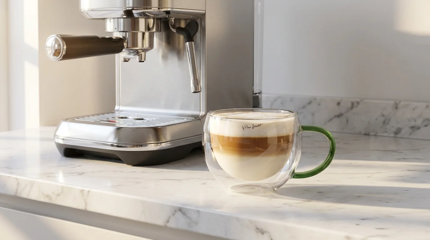Dvojstenný termo pohár Lamart so zeleným uškom naplnený cappuccinom na linke vedľa kávovaru.