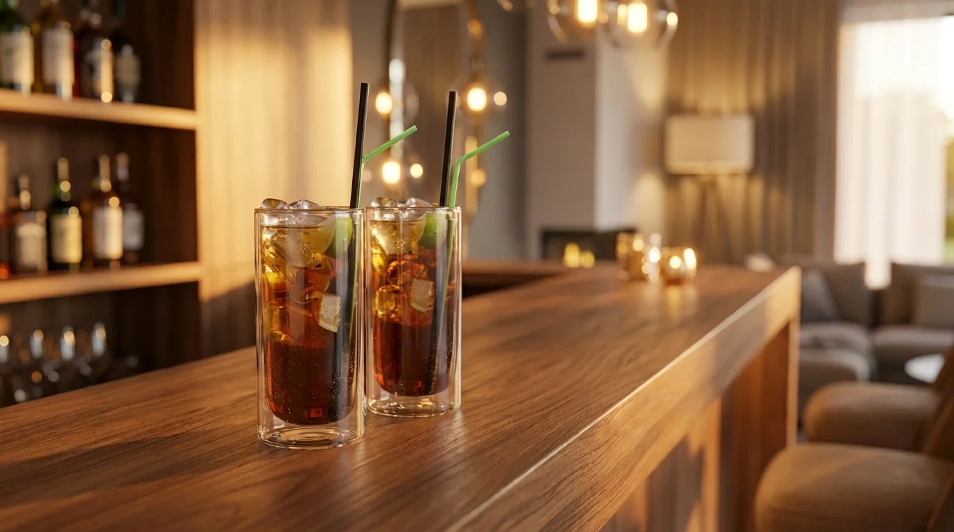 Dvě termo skleničky Maxxo Cuba libre s ledovým drinkem, limetkou a brčky na dřevěném barovém pultu.