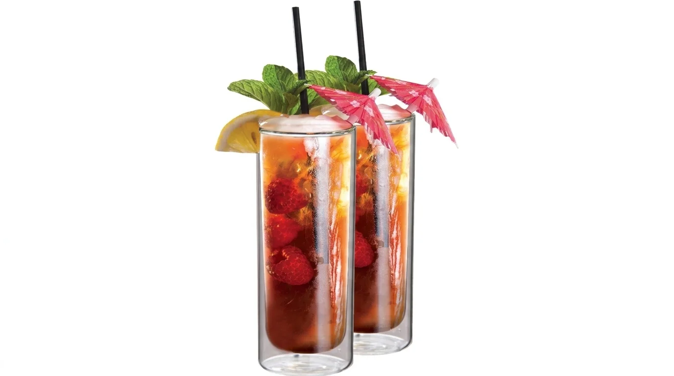 Dvě dvoustěnné termo sklenice Maxxo Mojito s ledovým nápojem, malinami, mátou a koktejlovými deštníčky.