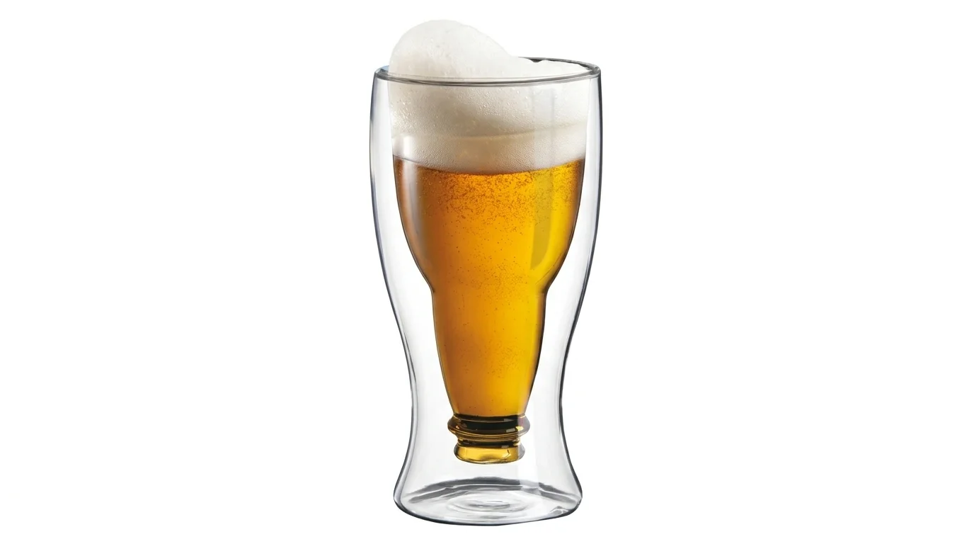 Dvojstěnná termo sklenička Maxxo Beer s vnitřním tvarem obrácené lahve, naplněná pivem s hustou pěnou.
