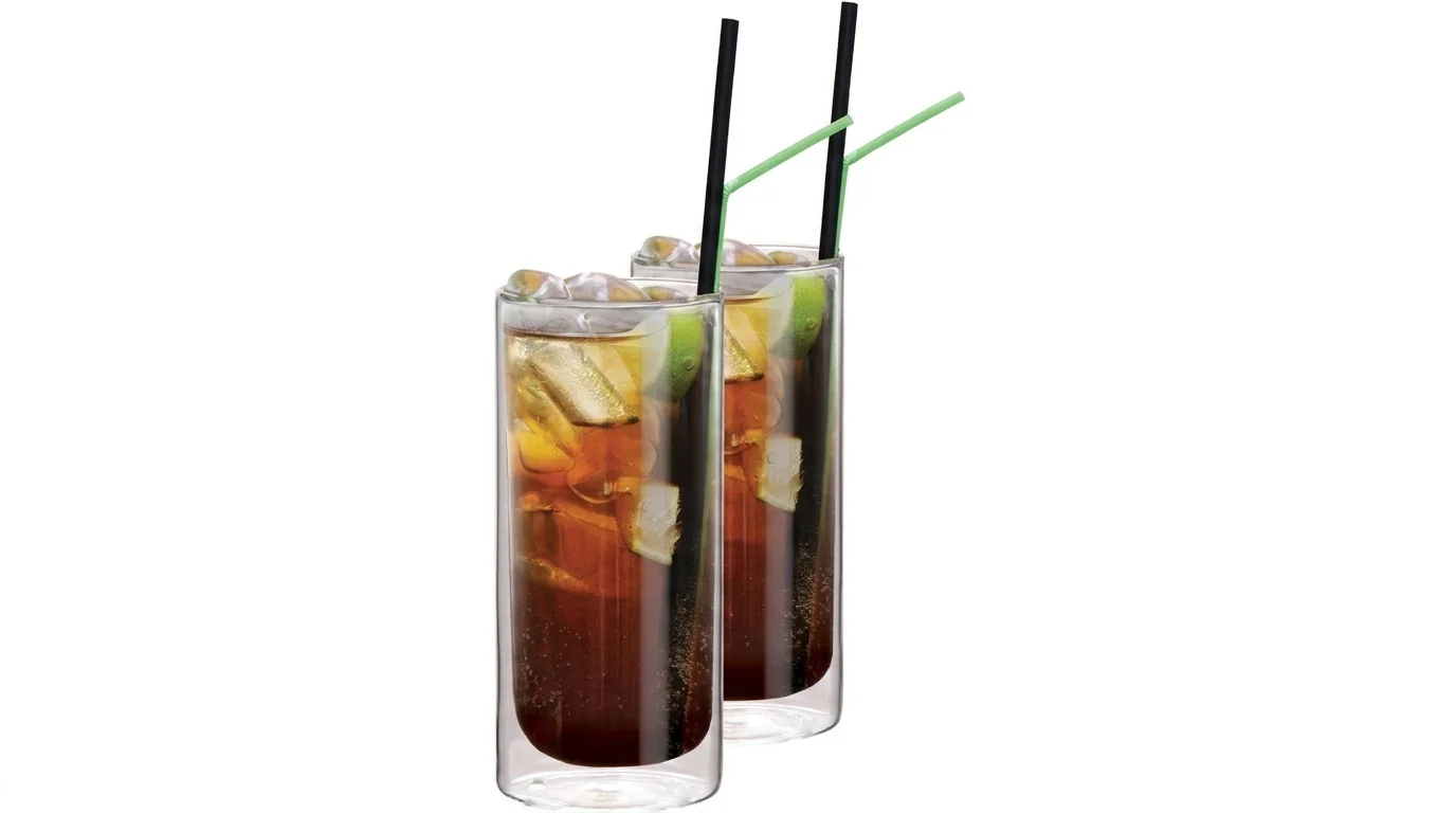 Dvě dvoustěnné termo sklenice Maxxo Cuba libre naplněné nápojem s ledem, limetkou a brčky.