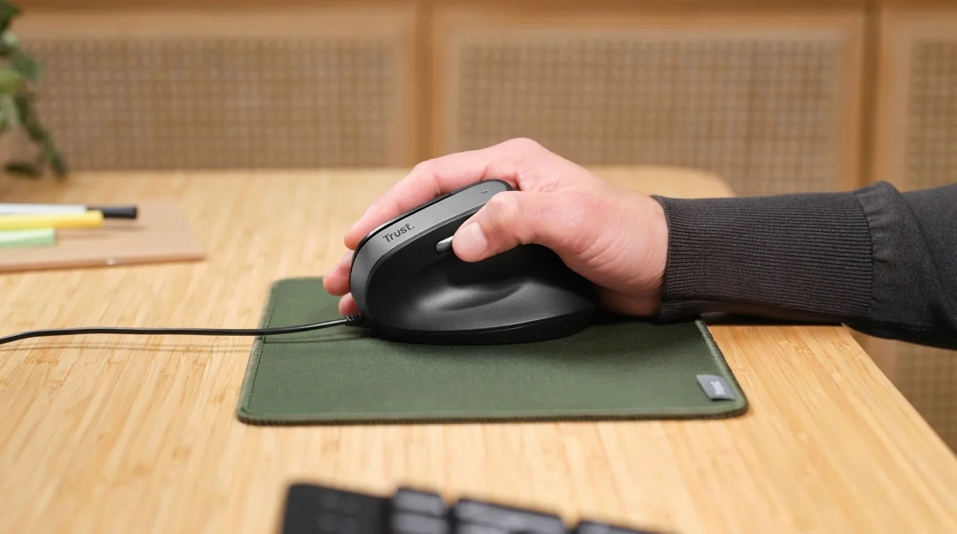 Pravá ruka držící černou ergonomickou vertikální myš Trust Bayo II na zelené podložce na dřevěném stole.