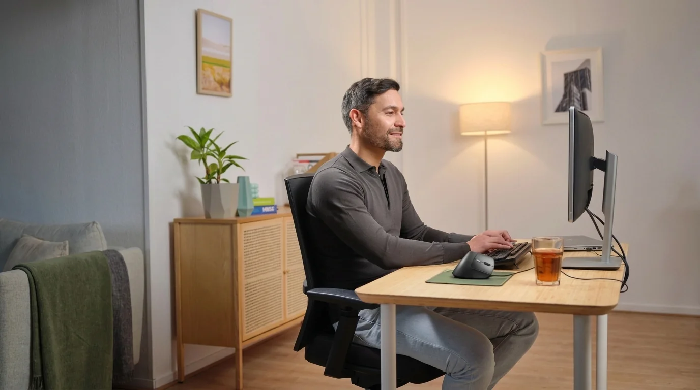 Muž sedí u pracovního stolu s monitorem, klávesnicí a vertikální myší Trust Bayo II.