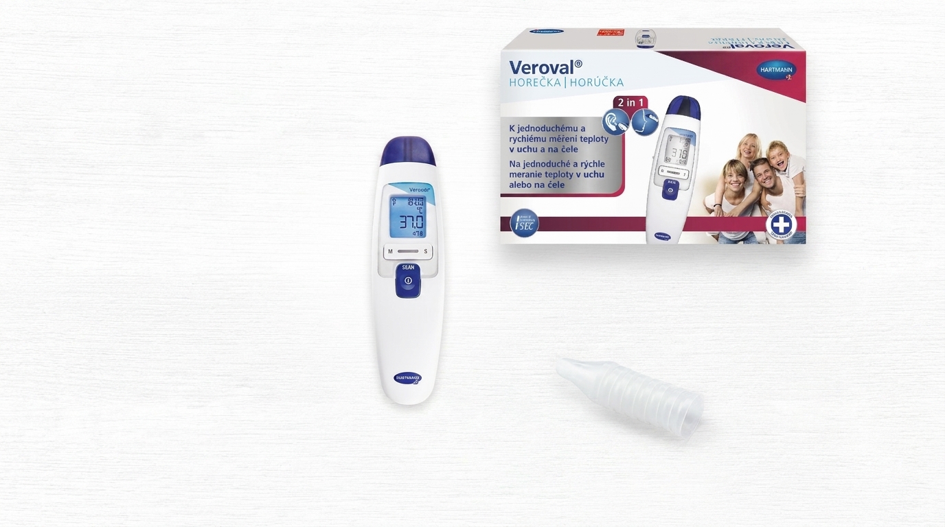 Teploměr HARTMANN Veroval Horečka 2v1 s digitálním displejem, průhledným hygienickým krytem a originální krabičkou.