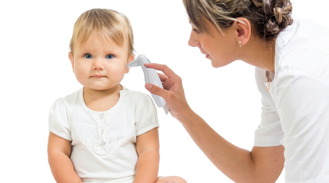 Žena měří teplotu malému dítěti v uchu pomocí digitálního ušního teploměru Beper.