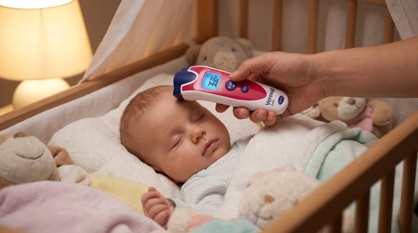 Bezdotykový teploměr HARTMANN Veroval baby měří teplotu spícímu miminku v postýlce.