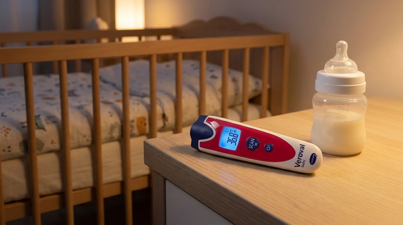Bezdotykový teploměr Veroval baby zobrazující teplotu 36,8 °C leží na dřevěném stolku vedle kojenecké lahve, v pozadí je dětská postýlka.