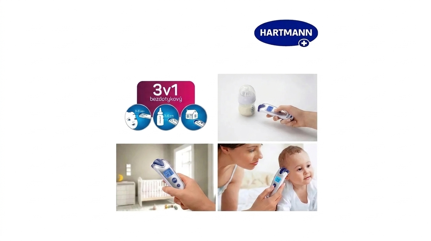 Bezdotykový teploměr Thermoval baby s logem Hartmann a ukázkami měření teploty dítěte, kojenecké lahve a místnosti.