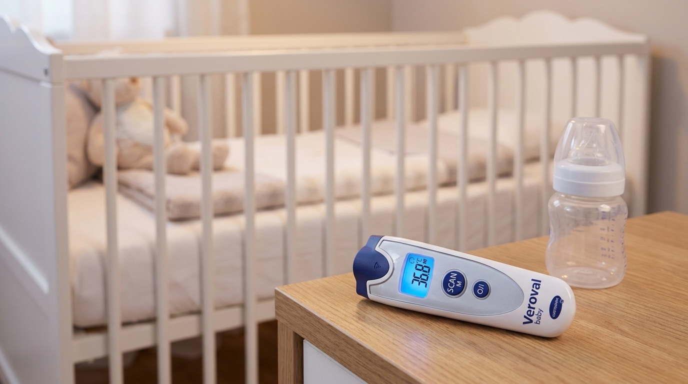 Bezdotykový teploměr Veroval baby s hodnotou 36,8 °C na displeji leží na dřevěném stolku vedle kojenecké lahve, v pozadí je dětská postýlka.